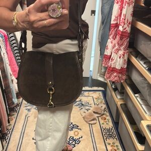 Michael Kors Dark Brown Suede Crossbody Saddle Bag with Gold Hardware
